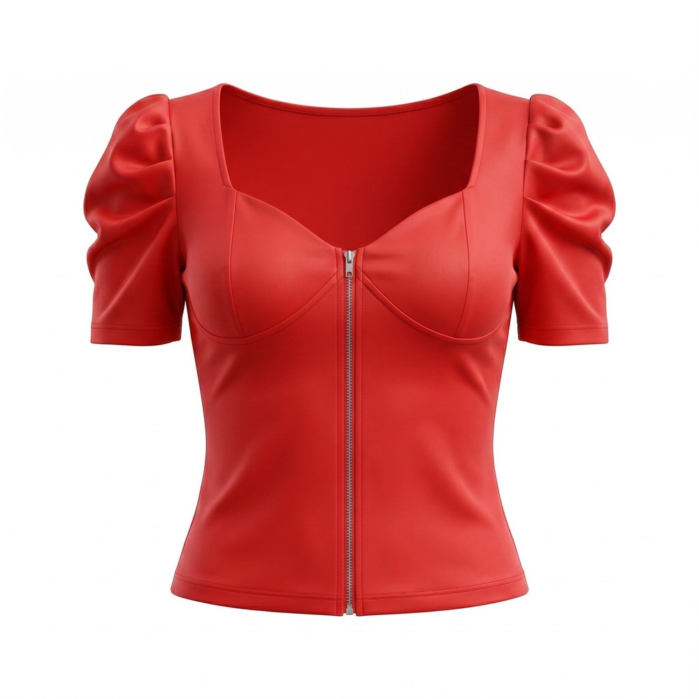 Shein Red Sweetheart Neck Zip Front Puff Sleeve Top Size L